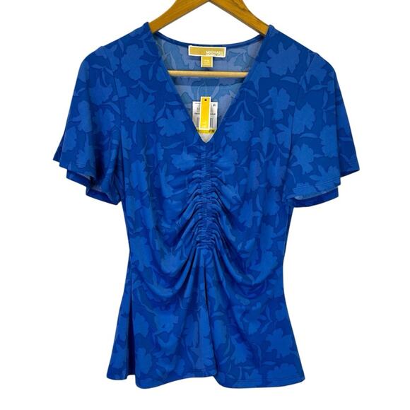 Michael Kors Printed Ruched Flutter Sleeve top grecian blue - P/M - Picture 2 of 11